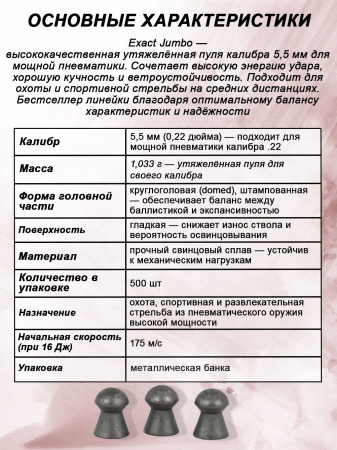 Пульки пневматические JSB Exact Jumbo 5,5 мм, 1,030г, 500шт купить в интернет-магазине ХантингАрт