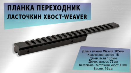 Планка переходник ласточкин хвост-Weaver, с выносом (205мм) купить в магазине huntingart.ru