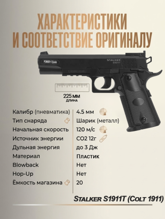 Пистолет пневматический Stalker S1911T (Colt 1911) к.4,5 мм, 250 шариков купить в интернет-магазине ХантингАрт